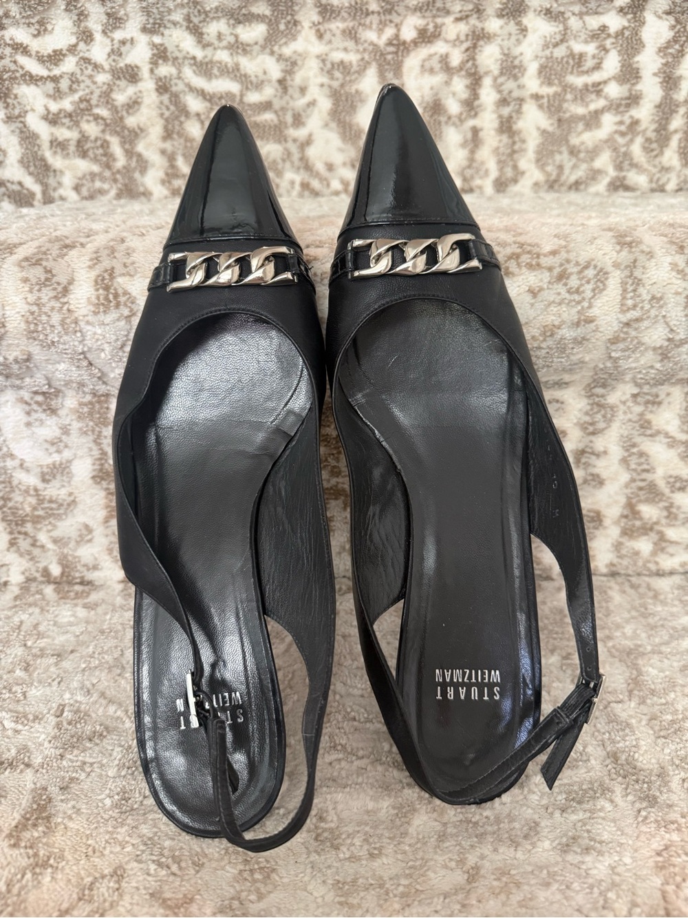 Stuart Weitzman Black Pointed Slingback Pumps with Mettalic Chain